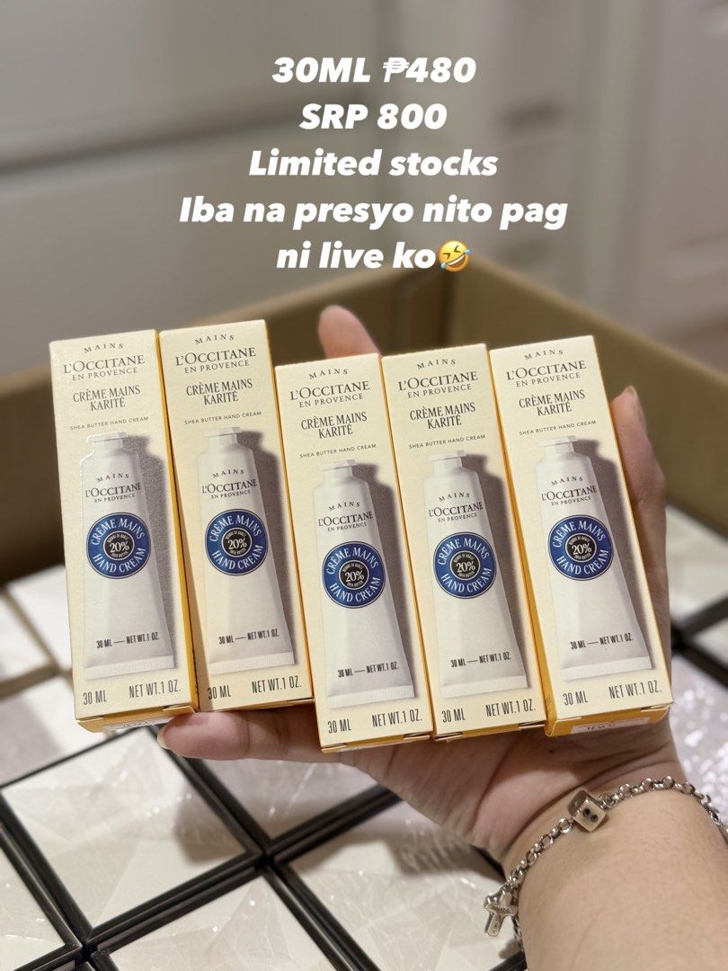 L'Occitane en Provence Hand Cream 30ml (Category: Hands & Nails) located in Quezon City. Submitted by catesp (Listing ID 1469567977, Image 1). Description: - Authentic L'Occitane en Provence Hand Cream - Volume: 30ml per tube - Available scents: Shea Butter, Nuit Festive, Neroli Orchidee, Almond Sublime, and Rose - Price: ₱480 each (Store retail price: ₱800) - Condition: Brand new and limited stock available.