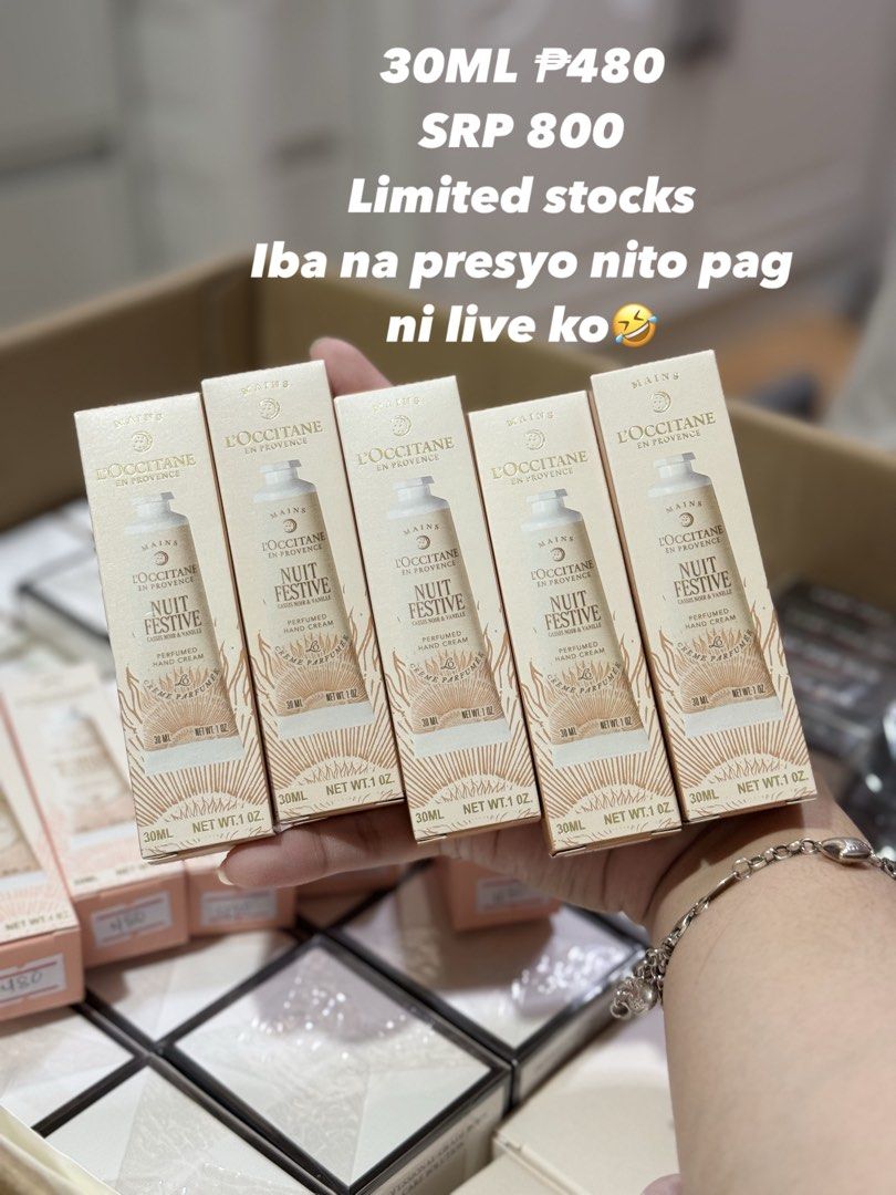 L'Occitane en Provence Hand Cream 30ml (Category: Hands & Nails) located in Quezon City. Submitted by catesp (Listing ID 1469567977, Image 2). Description: - Authentic L'Occitane en Provence Hand Cream - Volume: 30ml per tube - Available scents: Shea Butter, Nuit Festive, Neroli Orchidee, Almond Sublime, and Rose - Price: ₱480 each (Store retail price: ₱800) - Condition: Brand new and limited stock available.