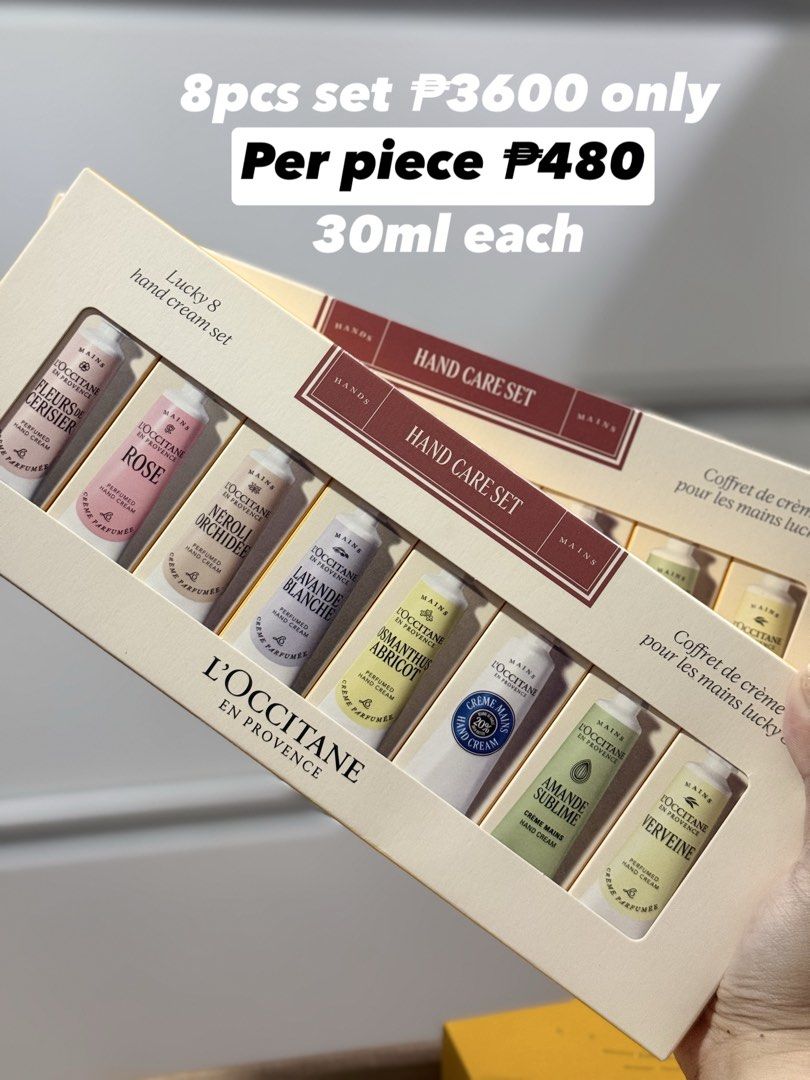 L'Occitane Lucky 8 Hand Cream Set 30ml (Category: Hands & Nails) located in Quezon City. Submitted by catesp (Listing ID 1469567821, Image 1). Description: Authentic L'Occitane Hand Cream Set - Each tube: 30ml - 8 Amazing Scents: Fleurs de Cerisier (Cherry Blossom), Rose, Neroli & Orchidee, Lavande Blanche (White Lavender), Osmanthus Abricot, Shea Butter, Amande Sublime (Almond), and Verveine (Verbena) - Full Set Price: P3,600 - Individual Tube P