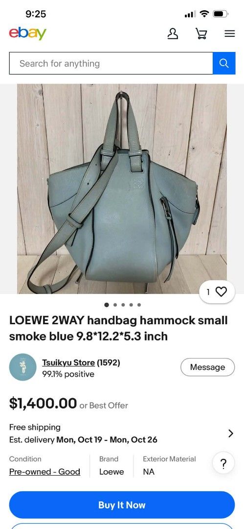 Loewe Hammock Small Smoke Blue 2-Way Handbag (Category: Shoulder Bags) located in Manila. Submitted by jjm-collections (Listing ID 1469400666, Image 1). Description: - Brand: Loewe - Style: Hammock Bag - Color: Smoke Blue - Material: Premium Leather - Dimensions: 9.8 x 12.2 x 5.3 inches - Versatility: Two-way design (shoulder bag or top handle tote) - Details: Side zip pocket with tassel pulls, debossed Anagram logo on front - Interior: Herringbo