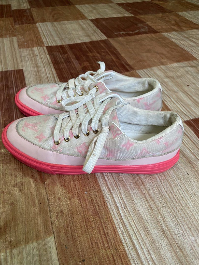 Louis Vuitton Pink Monogram Canvas Sneakers (Category: Sneakers) located in Manila. Submitted by thriftnijheero (Listing ID 1469483743, Image 1). Description: - Brand: Louis Vuitton - Material: Pink monogram canvas with white leather tongue tag - Closure: White laces with gold-tone eyelets - Soles: Bright pink rubber soles featuring embossed LV logo on the bottom and Louis Vuitton lettering on the heel - Condition: Excellent buyer-friendly condit