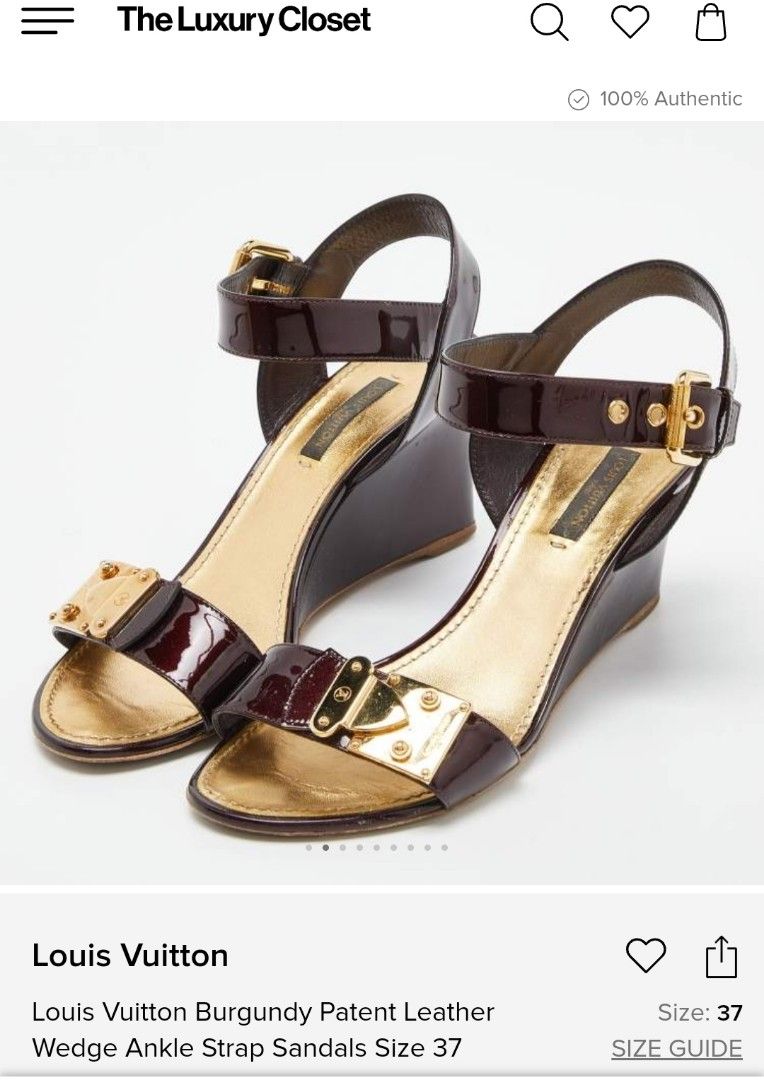LOUIS VUITTON WEDGE SANDALS (Category: Wedges) located in Barotac Nuevo. Submitted by yorcollections (Listing ID 1469468535, Image 1). Description: LOUIS VUITTON WEDGE SANDALS Louis Vuitton ankle-belt patent leather wedge sandals in a metallic gold and beige tone, gold-tone lock hardware details on the front strap and ankle closure Size 37 on tag.