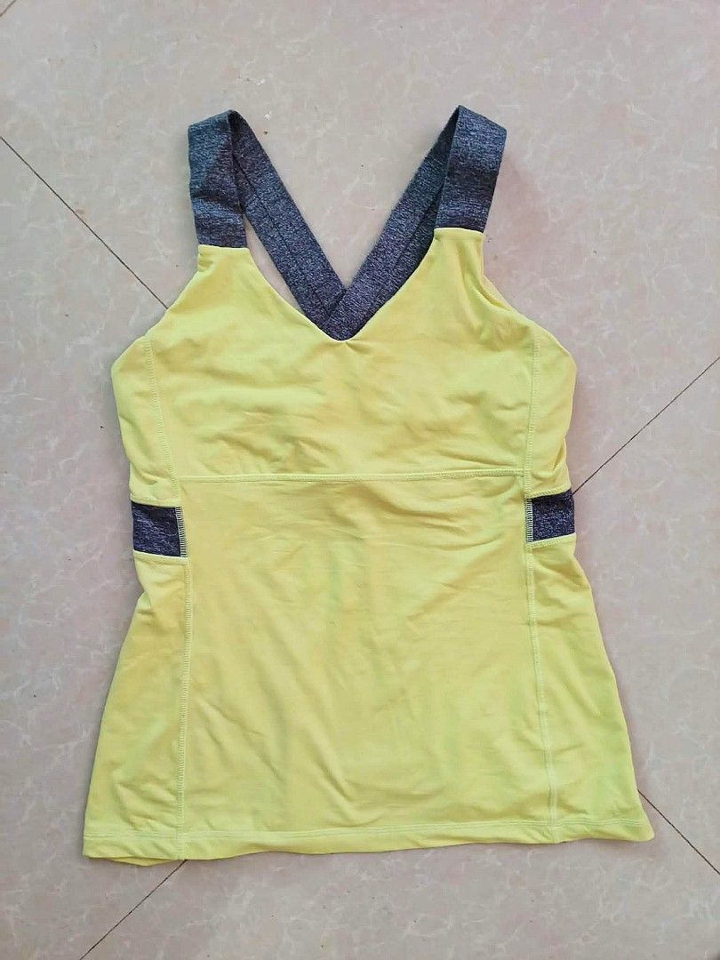 LULULEMON Yellow Activewear (Category: Activewear) located in San Fernando. Submitted by avylll_thrift (Listing ID 1469424747, Image 1). Description: Crossback design Size L Yellow and Grey Color combination Full length.