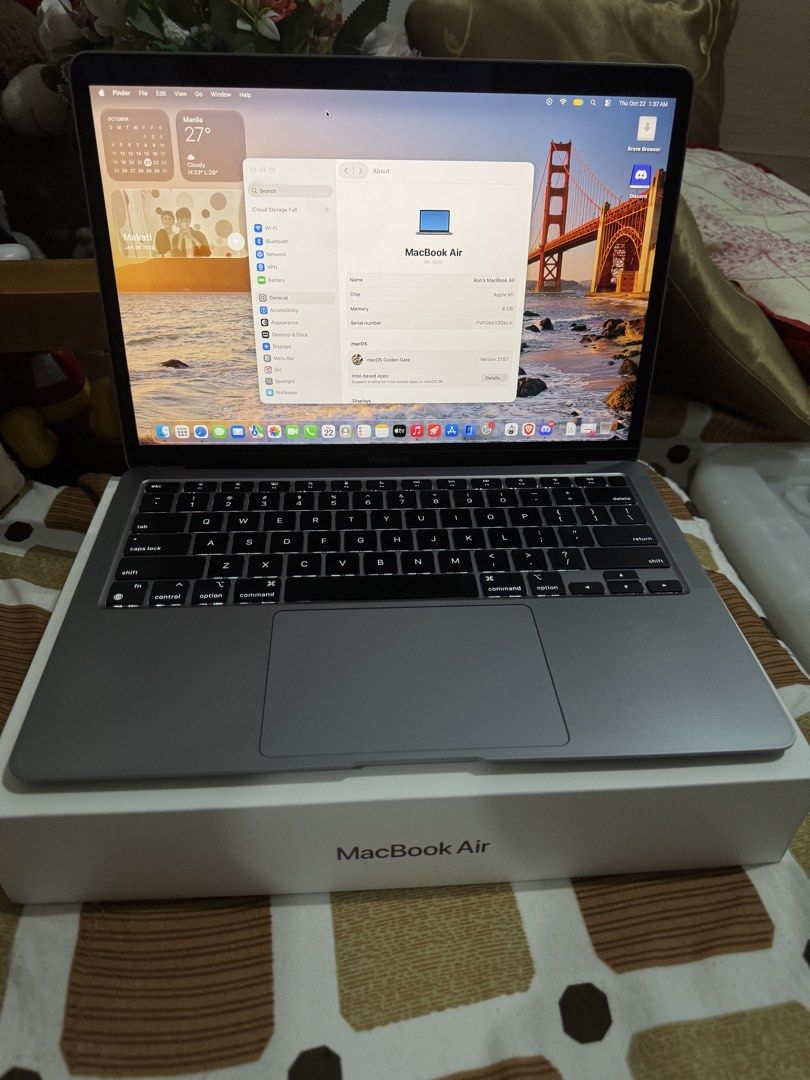 MacBook Air M1 96cc with Powermac Receipt Complete Package (Category: Laptops & Notebooks) located in Manila. Submitted by floweroniz (Listing ID 1469564946, Image 1). Description: MACBOOK AIR M1 ALMOST BRAND NEW ₱33,000 NALANG! PAUNAHAN NALANG PO! Brand new price is around ₱61,980 as indicated on the Power Mac Center receipt UNIT DETAILS: • Apple M1 Chip • 8GB Unified Memory • 13.3” Retina Display • 256GB SSD Storage • macOS Golden Gate 27.0.1 •