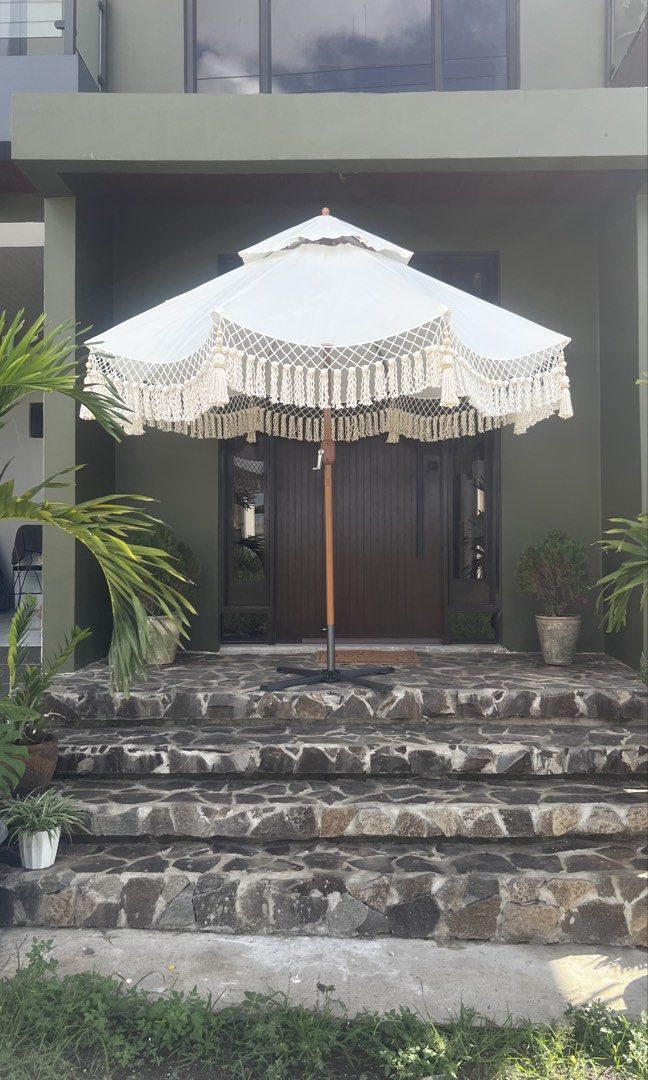 macrame umbrella "heavy duty, double layer" (Category: Outdoor Furniture) located in Binan City. Submitted by relizas_modern_macrame (Listing ID 1469465205, Image 3). Description: macrame umbrella for sale -heavy duty -double layer - with air vent -pulley type opening base /stand addional price.