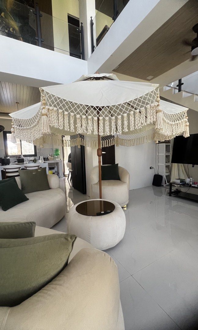 macrame umbrella "heavy duty, double layer" (Category: Outdoor Furniture) located in Binan City. Submitted by relizas_modern_macrame (Listing ID 1469465205, Image 2). Description: macrame umbrella for sale -heavy duty -double layer - with air vent -pulley type opening base /stand addional price.