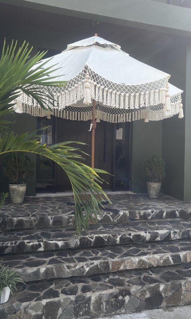 macrame umbrella "heavy duty, double layer" (Category: Outdoor Furniture) located in Binan City. Submitted by relizas_modern_macrame (Listing ID 1469465205, Image 1). Description: macrame umbrella for sale -heavy duty -double layer - with air vent -pulley type opening base /stand addional price.