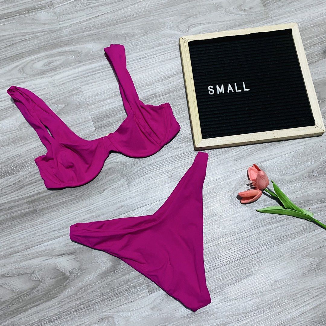 Magenta Two-Piece Bikini Set (Category: Bikinis & Swimsuits) located in Caloocan City. Submitted by lovemyclothes21 (Listing ID 1469496541, Image 1). Description: - Color: Bright magenta - Size: Small - Style: Two-piece swimsuit with underwire top, thick straps, and high-cut bottoms - Condition: Brand new / Excellent - Perfect for: Beach days, pool parties, and vacations.