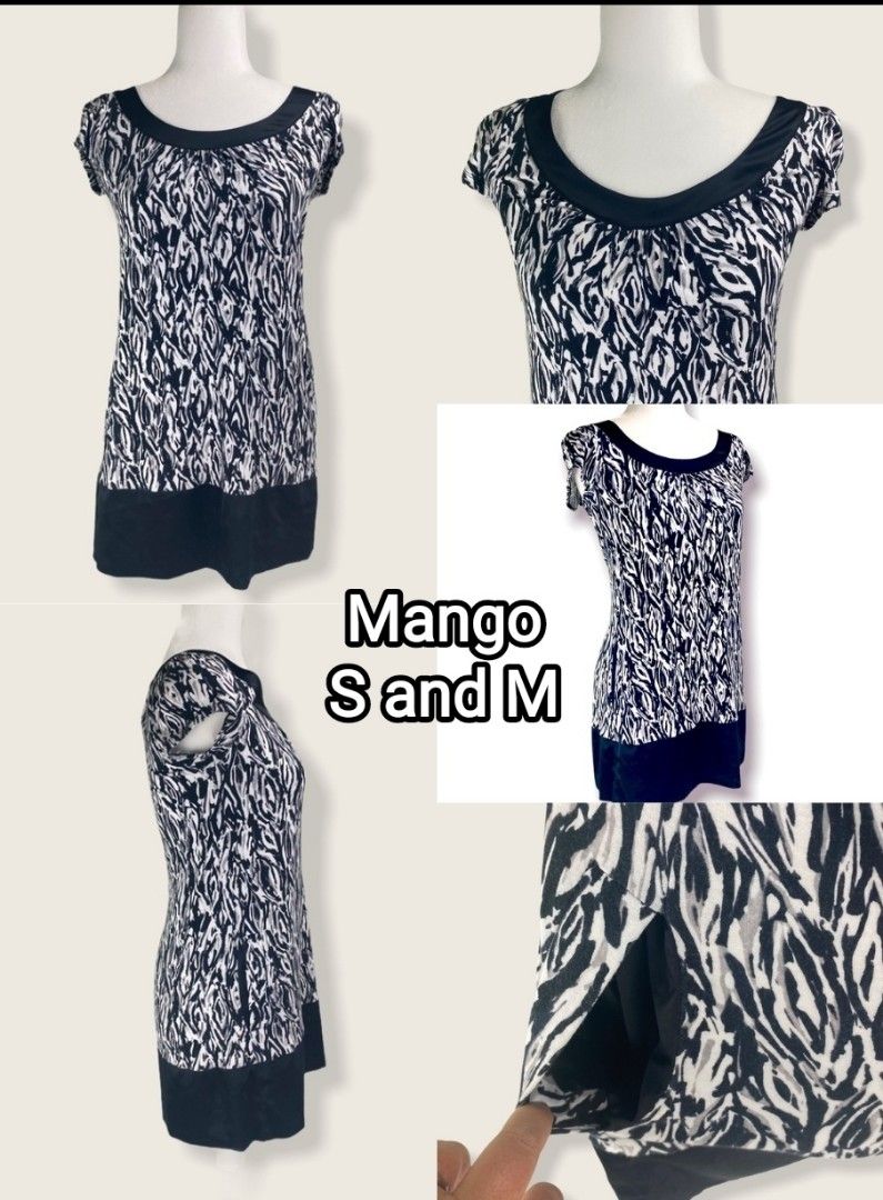 Mango Black & White Pattern Tunic S/M (Category: Dresses) located in Paranaque City. Submitted by calm_youngstore7 (Listing ID 1469402952, Image 1). Description: - Brand: Mango - Design: Black and white pattern with solid black scoop neckline and bottom hem - Features: Short sleeves, flattering silhouette, and functional side pockets - Versatility: Perfect for casual outings or office wear - Size: Best fits Small to Medium.