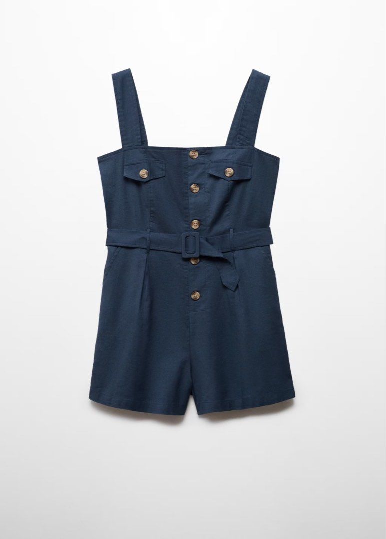 Mango Navy Blue Button-Up Romper with Belt (Category: Rompers) located in Manila. Submitted by cjy041 (Listing ID 1469412244, Image 2). Description: - brand new with tag - got it on sale - Color: Dark blue - Style: Utility romper with shorts - Neckline & Straps: Square neckline with wide straps - Closure & Pockets: Front button closure and chest pocket flap details LOCATION: STA CRUZ, MANILA .