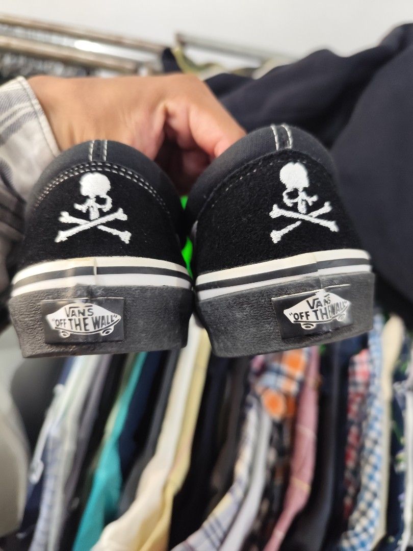 Mastermind Japan x Vans Black Sneakers Size US 8 (Category: Sneakers) located in Puerto Princesa. Submitted by secondhand_bliss (Listing ID 1469406583, Image 3). Description: - Brand: Mastermind Japan x Vans - Color: Black canvas with white sidestripe and contrast laces - Size: US 8 / CM 26 / EUR 41 - Key Features: Skull and crossbones heel embroidery, translucent waffle outsole with visible checkerboard pattern, and Mastermind midsole branding -
