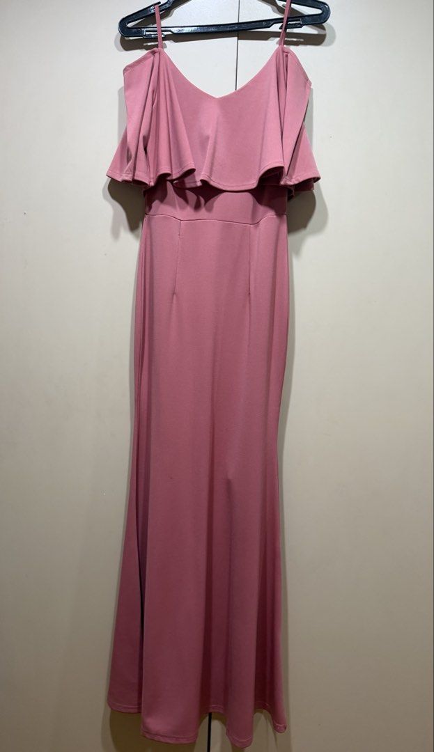 Formal Gown (Category: Dresses) located in Muntinlupa City. Submitted by caroucella (Listing ID 1469475787, Image 1). Description: - Brand: Mav Studio - Size: S - Color: Pink - Style: Off-shoulder, layered ruffle top, thin shoulder straps, back zipper, long fitted silhouette - excellent condition.
