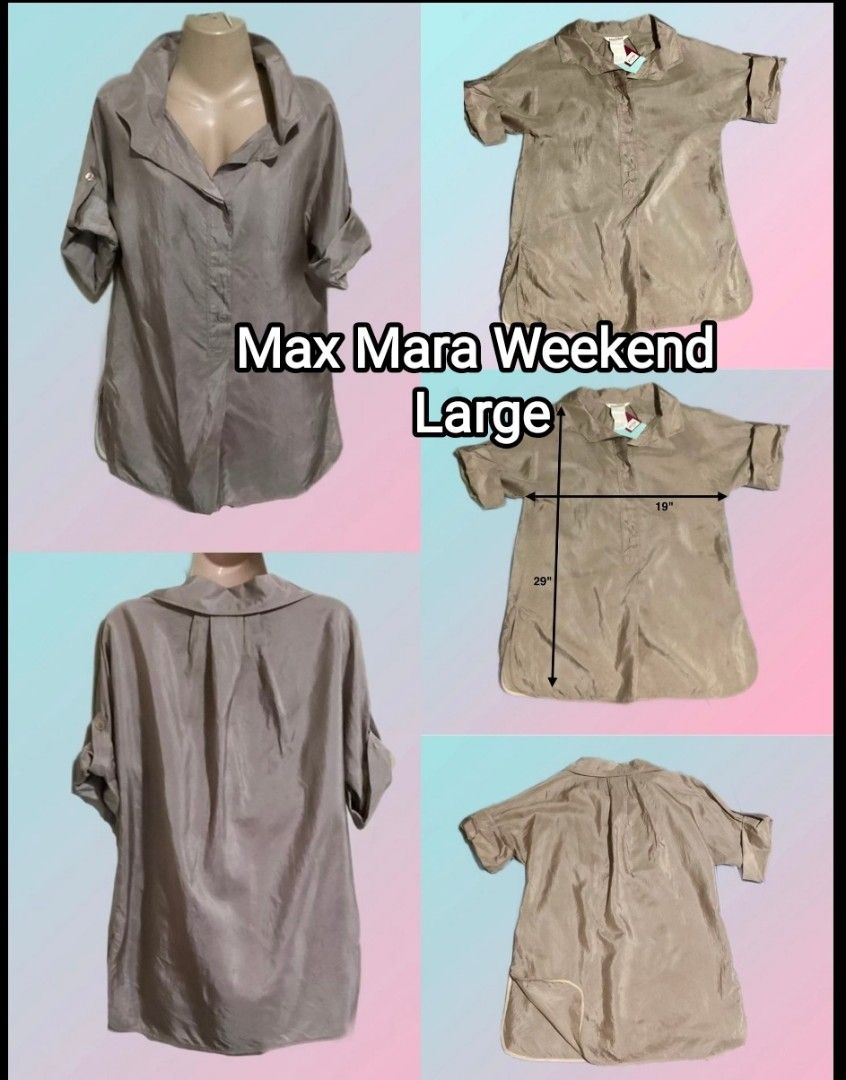 Max Mara Weekend Gray Tunic Shirt Large (Category: Longsleeves) located in Paranaque City. Submitted by calm_youngstore7 (Listing ID 1469402038, Image 1). Description: LAST PIECE SALE! - Brand: Max Mara Weekend - Size: Large - Color: BRONZE - Material: Premium fabric with a subtle sheen - Design: Classic collar, half button placket, roll-up short sleeves, curved hem with side splits, and pleated back yoke - Measurements: ~19" across chest, ~29" t