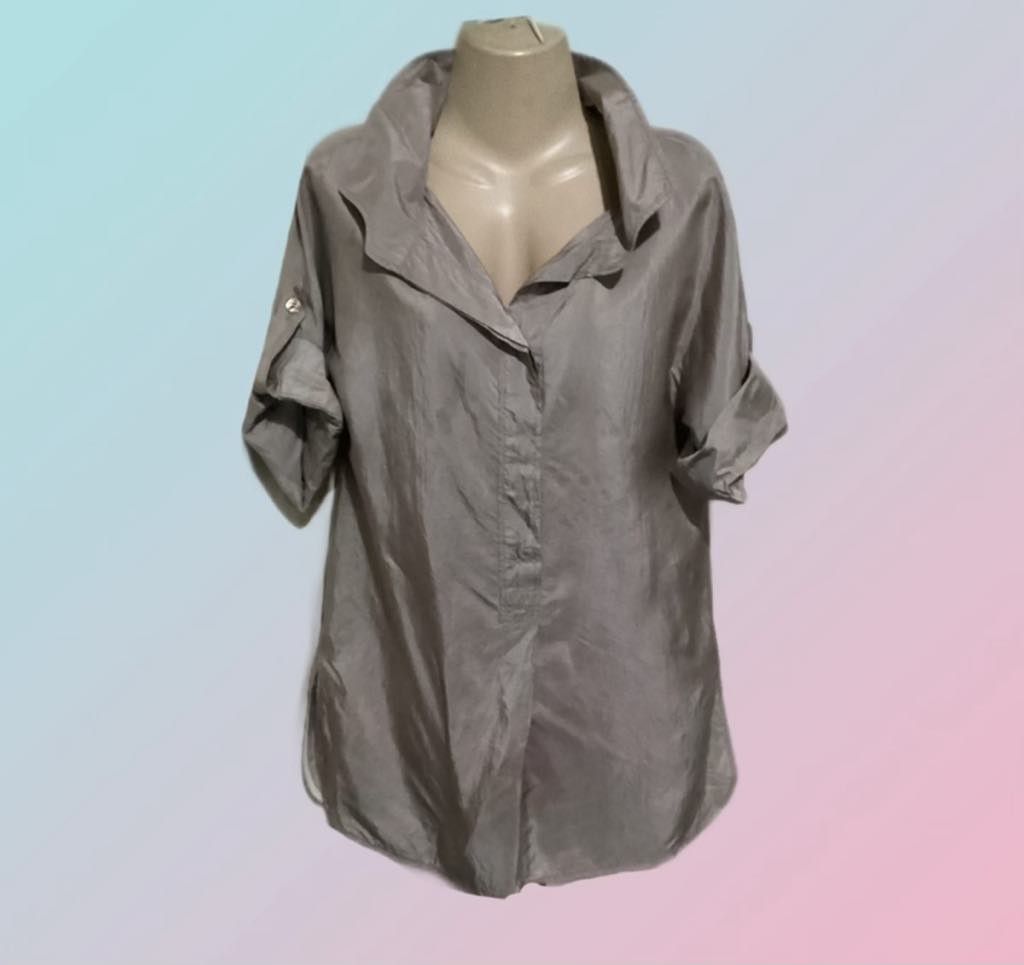Max Mara Weekend Gray Tunic Shirt Large (Category: Longsleeves) located in Paranaque City. Submitted by calm_youngstore7 (Listing ID 1469402038, Image 3). Description: LAST PIECE SALE! - Brand: Max Mara Weekend - Size: Large - Color: BRONZE - Material: Premium fabric with a subtle sheen - Design: Classic collar, half button placket, roll-up short sleeves, curved hem with side splits, and pleated back yoke - Measurements: ~19" across chest, ~29" t