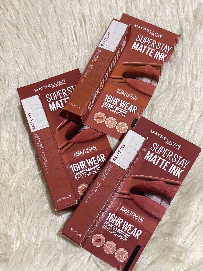 Maybelline Super Stay Matte Ink (Category: Makeup) located in Manila. Submitted by aubreasell (Listing ID 1469396028, Image 1). Description: - Brand: Maybelline Super Stay Matte Ink - Shade: Amazonian (Warm Brown) - Size: 5.0ml - Condition: Brand new, unopened (from personal stash) - Features: Up to 16-hour wear, transferproof formula.