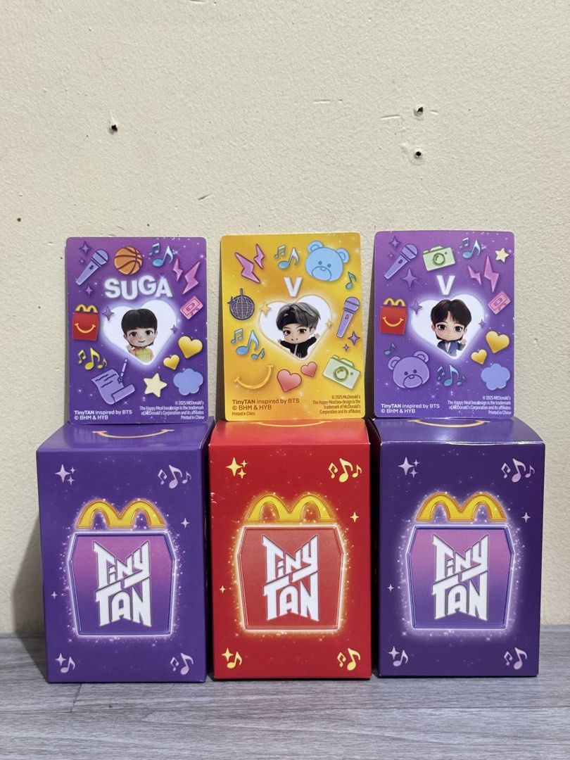 McDonald's TinyTAN Collectibles (Category: K-Wave Merchandise) located in Binangonan. Submitted by celinexoxo (Listing ID 1469477925, Image 1). Description: All 3 for 350 pesos ✨ Comes with complete boxes and cards ✨.