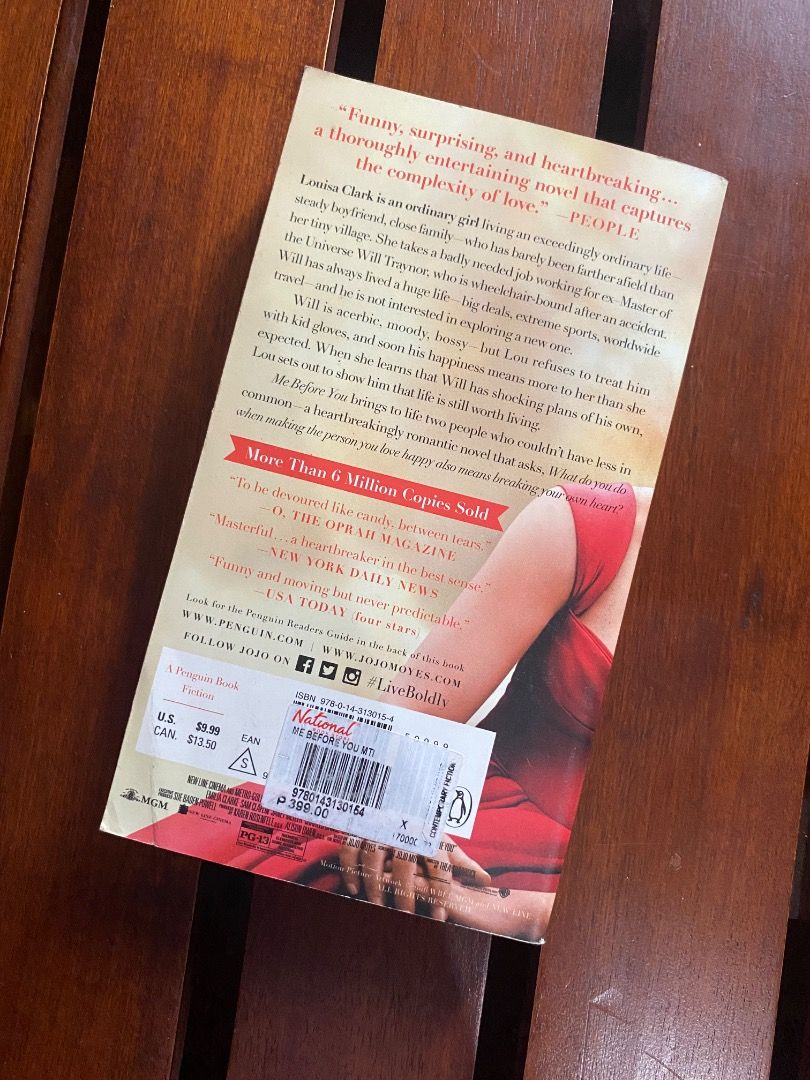 Me Before You by Jojo Moyes Novel (Category: Storybooks) located in Pateros City. Submitted by strawberhyun (Listing ID 1469440918, Image 3). Description: - Title: Me Before You by Jojo Moyes - Edition: Movie tie-in featuring Emilia Clarke and Sam Claflin - Format: Paperback - Condition: Clean spine with minor edge wear; pages have natural yellowing from storage - Genre: Great contemporary romance.