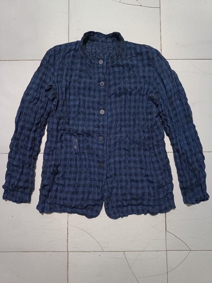 Men Issey Miyake Reversible Pleated Blue Check Button Jacket (Category: Coats, Jackets and Outerwear) located in Barotac Nuevo. Submitted by gray101 (Listing ID 1469510306, Image 3). Description: - Brand: Issey Miyake - Color: Deep blue - Style: Reversible Button-up jacket with mandarin collar - Design: Distinct all-over pleated look with textured crinkle pattern and subtle weave - Features: Branded front buttons, lightweight fabric - Condition: 