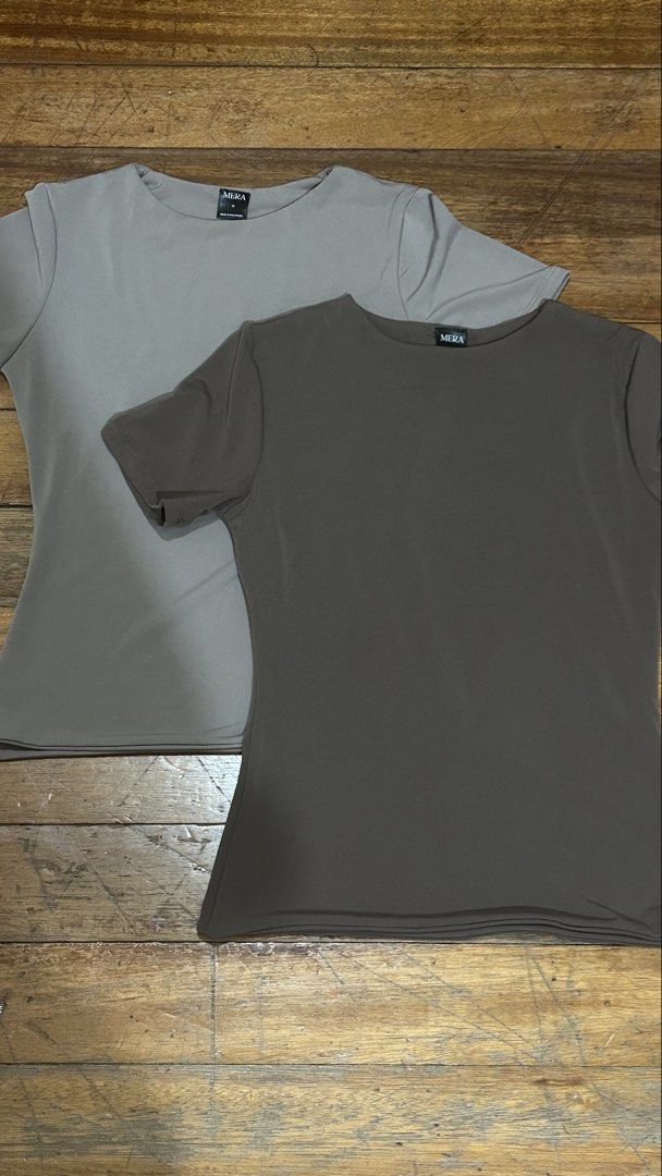Mera Renata Premium Taupe and Coffee Bundle (Category: Shirts) located in Manila. Submitted by wengobaco (Listing ID 1469548874, Image 1). Description: Renata premium fitted top Size M (see last pic for size chart) Check 2nd and 3rd pic for actual color Taupe - 150 Coffee - 150 Both - 250 rfs: decluttering and doesn’t fit me Loc: QC MOP: GCash only MOD: Lalamove/Grab (buyer will book and shoulder df).