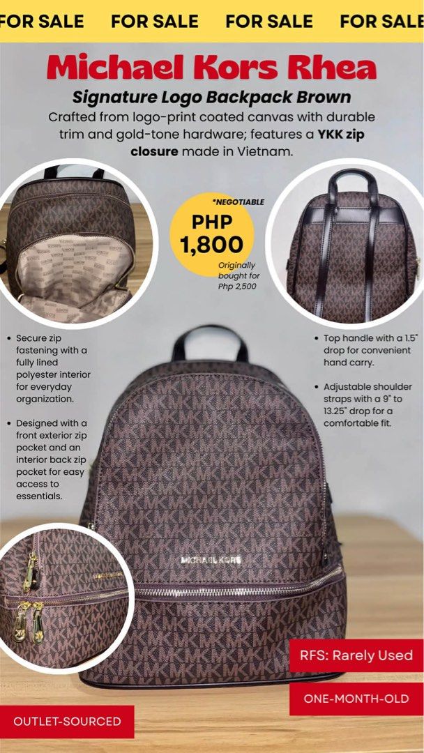 Michael Kors Rhea Backpack Brown (Category: Backpacks) located in Angeles City. Submitted by cullengray (Listing ID 1469469487, Image 1). Description: Signature Logo Backpack Brown Crafted from logo-print coated canvas with durable trim and gold-tone hardware; features a YKK zip closure made in Vietnam. • Secured zip fastening with a fully lined polyester interior for everyday organization. • Designed with a front exterior zip pocket and an inter
