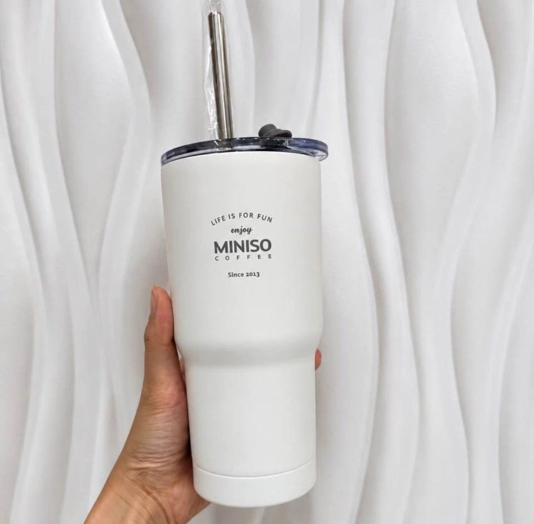 Miniso Coffee White Tumbler with Straw (Category: Water Bottles & Tumblers) located in Cagayan de Oro. Submitted by micaverzosa30 (Listing ID 1469556898, Image 1). Description: - Authentic Miniso coffee tumbler in clean white with matte finish - Features 'Life is for fun' typography on the front - Comes with a clear lid and secure dark stopper - Includes a brand new stainless steel straw (still in plastic) - Ideal daily cup for iced coffee and dr