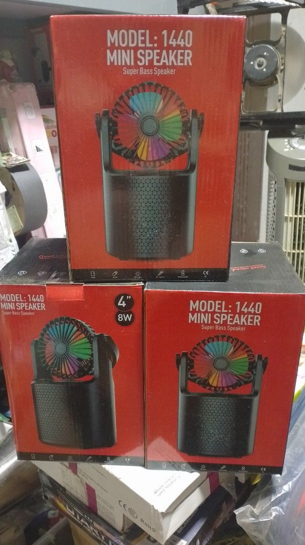 Model 1440 Bluetooth Speaker with fan! (Category: Soundbars, Speakers & Amplifiers) located in San Pablo. Submitted by elijasam (Listing ID 1469554005, Image 1). Description: - Model 1440 mini speaker in stylish black with a cool multi-color fan design on top - Powerful 4-inch size with rich super bass sound and 8W power output - Built-in and LED lights for instant party vibes - Supports USB and memory card playback - Convenient rechargeable batt