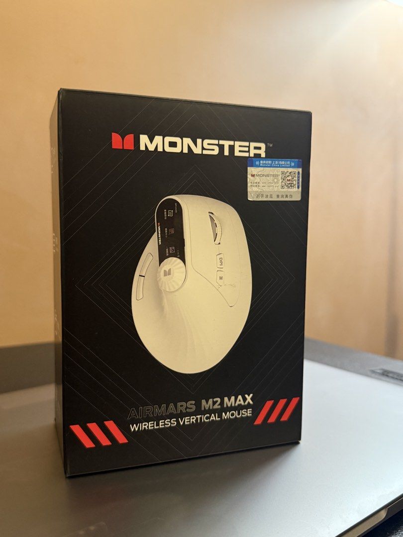 Monster Airmars M2 Max Wireless Vertical Mouse (Category: Mouse & Mousepads) located in Las Pinas. Submitted by sesame88888 (Listing ID 1469543322, Image 1). Description: - Brand new in original box with charging cable - Ergonomic vertical design in sleek black to reduce wrist strain during long hours - Tri-mode connectivity: 2.4G wireless and dual Bluetooth modes - 10 programmable buttons for enhanced productivity - Adjustable DPI settings rangi