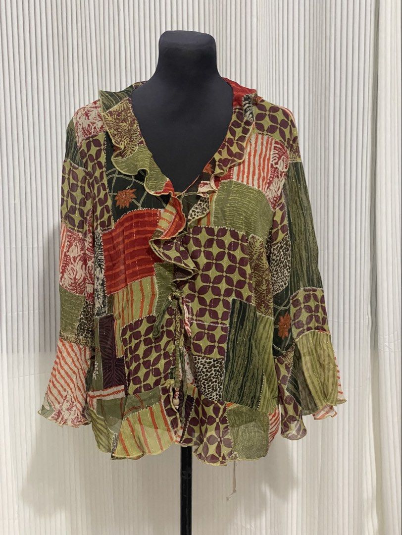 Multiples Patchwork Design Sheer Cardigan/Topper (Category: Longsleeves) located in Tuguegarao City. Submitted by ziggerryy (Listing ID 1469557761, Image 1). Description: No flaws. No holes. L-Semi XL With glittery effect Bell cuff .