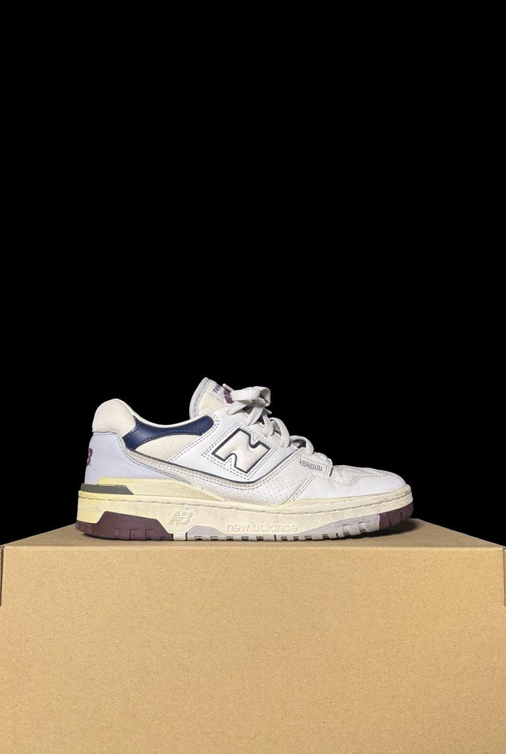 NB 550 'White/Burgundy' (Category: Sneakers) located in Makati City. Submitted by royalkicks.mnl (Listing ID 1469536687, Image 1). Description: NB 550 'White/Burgundy' 9 US ₱999 Used / Pair only.