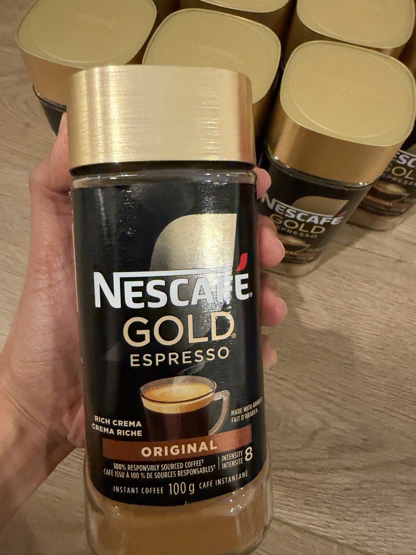 Nescafe Gold Espresso Original 100g (Category: Beverages) located in Makati City. Submitted by whatsupb (Listing ID 1469402118, Image 2). Description: - Imported from Canada, will be available for delivery on October 27, 2026 - Size: 100g per jar - Condition: Brand new, unopened with gold lids and black labels - Expiration Date: June 15, 2028 (clearly stamped on label) - Stock: Multiple jars available.