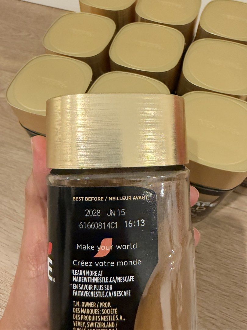 Nescafe Gold Espresso Original 100g (Category: Beverages) located in Makati City. Submitted by whatsupb (Listing ID 1469402118, Image 3). Description: - Imported from Canada, will be available for delivery on October 27, 2026 - Size: 100g per jar - Condition: Brand new, unopened with gold lids and black labels - Expiration Date: June 15, 2028 (clearly stamped on label) - Stock: Multiple jars available.