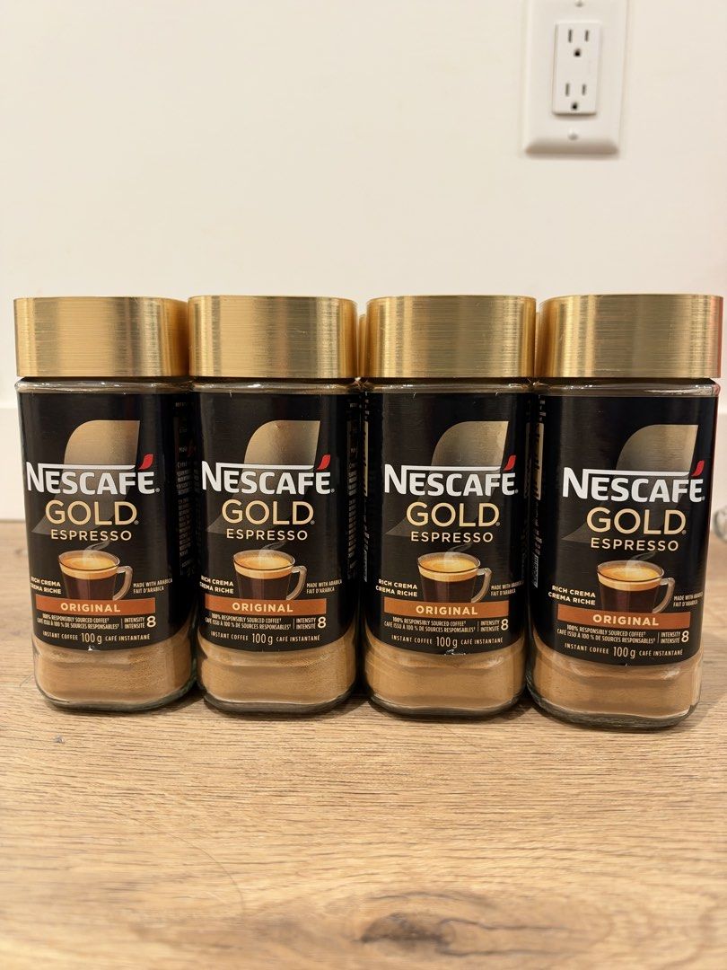 Nescafe Gold Espresso Original 100g (Category: Beverages) located in Makati City. Submitted by whatsupb (Listing ID 1469402118, Image 1). Description: - Imported from Canada, will be available for delivery on October 27, 2026 - Size: 100g per jar - Condition: Brand new, unopened with gold lids and black labels - Expiration Date: June 15, 2028 (clearly stamped on label) - Stock: Multiple jars available.