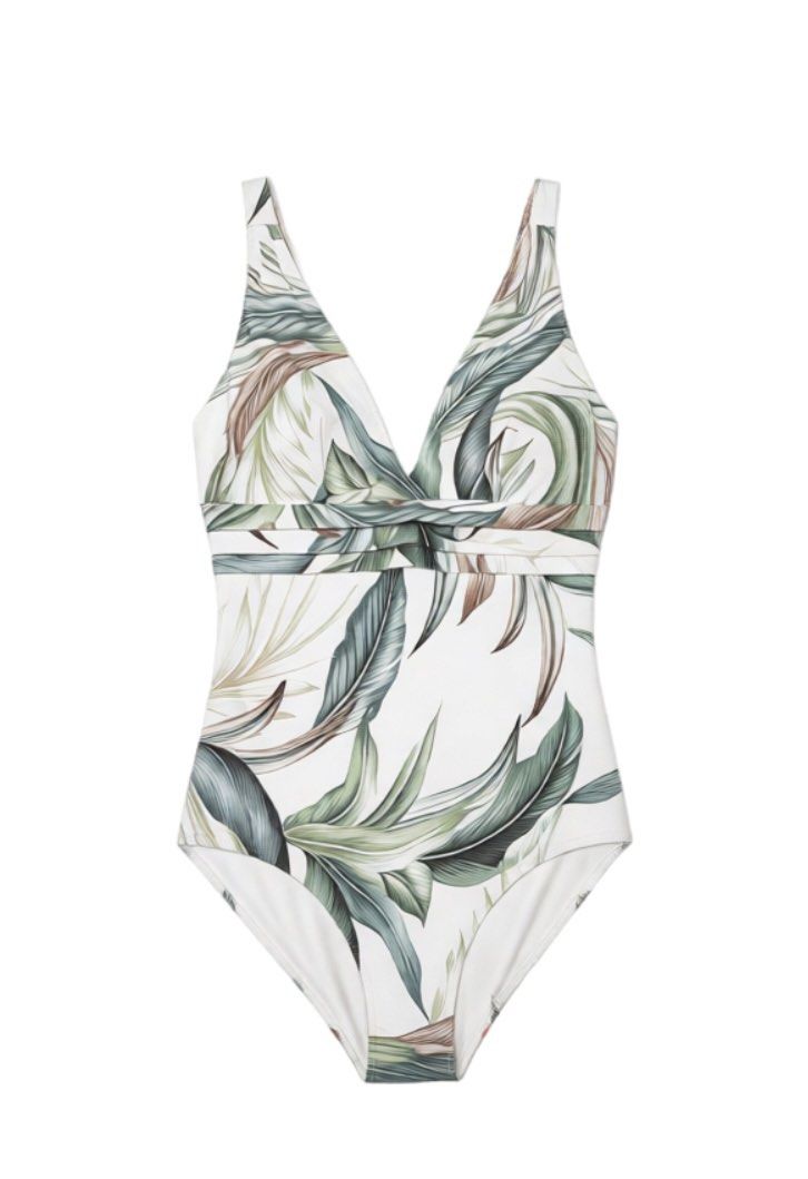 NEXT Botanical Leaf Print One Piece Swimsuit (Category: Bikinis & Swimsuits) located in General Mariano Alvarez. Submitted by kascade (Listing ID 1469536241, Image 2). Description: - Brand: Next - Style: One-piece swimsuit with V-neckline and twisted front detail - Color/Pattern: Green botanical leaf print on a crisp white background - Support: Built-in padded cups for shape and comfort - Coverage: Standard brief cut on the bottom - Size: L 💵 Pa