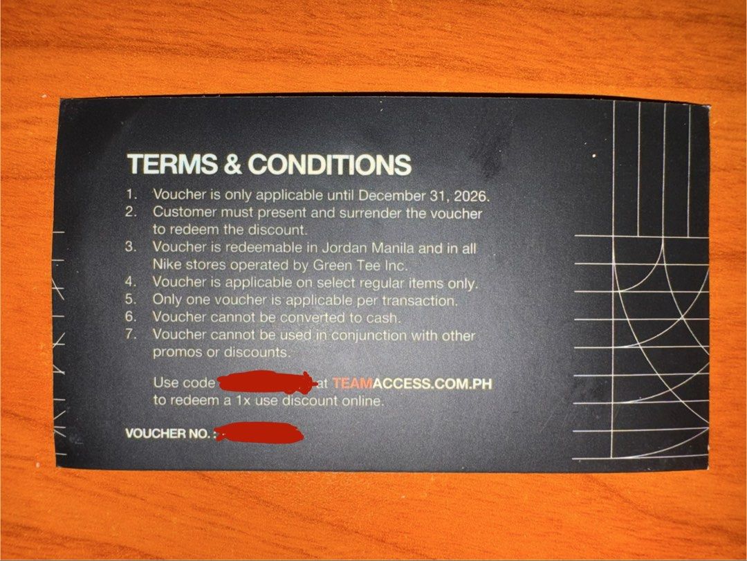 Nike 20% Off Discount Voucher / Code (Category: Vouchers) located in Manila. Submitted by whitewallflower (Listing ID 1469404856, Image 2). Description: - Item: Physical 20% Off Nike Voucher - Validity: Until December 31, 2026 - Where to use: Jordan Manila, all Nike stores operated by Green Tee Inc., and online via TEAMACCESS.COM.PH - Conditions: Applicable on select regular-priced items only; strictly one voucher per transaction and cannot be co