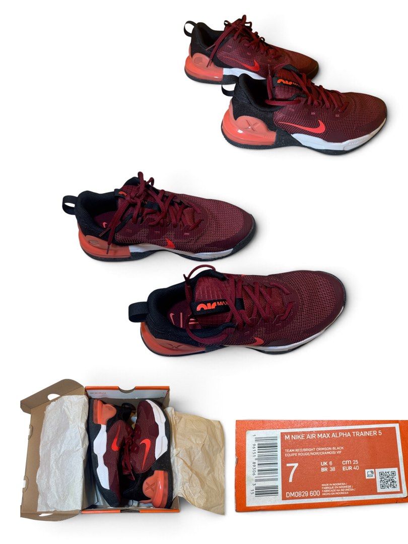 Nike Air Max Alpha Trainer 5 Team Red Black (Category: Sneakers) located in Caloocan City. Submitted by glydsssss (Listing ID 1469539173, Image 1). Description: - Brand: Nike Air Max Alpha Trainer 5 - Color: Team Red / Bright Crimson - Style Code: DM0829 600 - Size: US Men's 7 / UK 6 / EUR 40 / BR 38 - Condition: Brand new with original shoe box and tissue paper - Features: Breathable mesh upper, supportive heel counter, and responsive Air Max cu