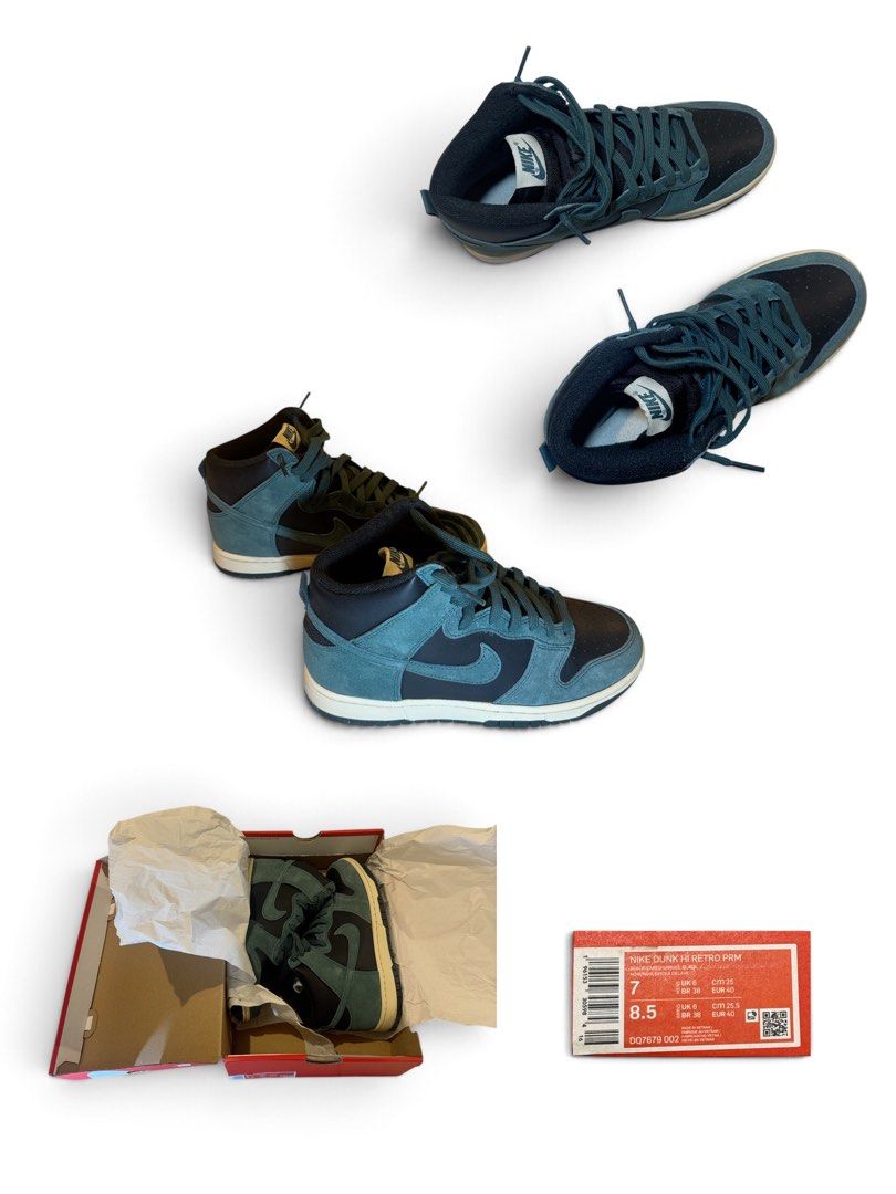 Nike Dunk High Retro PRM Spruce Aura Black (Category: Sneakers) located in Caloocan City. Submitted by glydsssss (Listing ID 1469539463, Image 1). Description: - Brand: Nike Dunk High Retro PRM - Colorway: Black and Spruce Aura - Size: UK 6 / US 8.5W / EUR 40 - Material: Premium suede overlays and smooth leather panels - Details: Dark green laces - Condition: Brand new, unworn, fresh from retail box - Inclusions: Original box and tissue paper inc