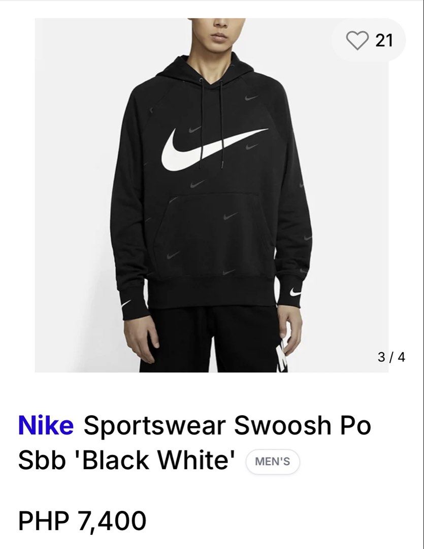 Nike Hoodie (Category: Hoodies) located in Maribojoc. Submitted by nayer (Listing ID 1469466466, Image 2). Description: N!k3 - Sportswear Swoosh Po Sbb ‘Black White’ W/ pocket Excellent 9.8/10 color rate Large on tag AD: W23.5 * L27.5.