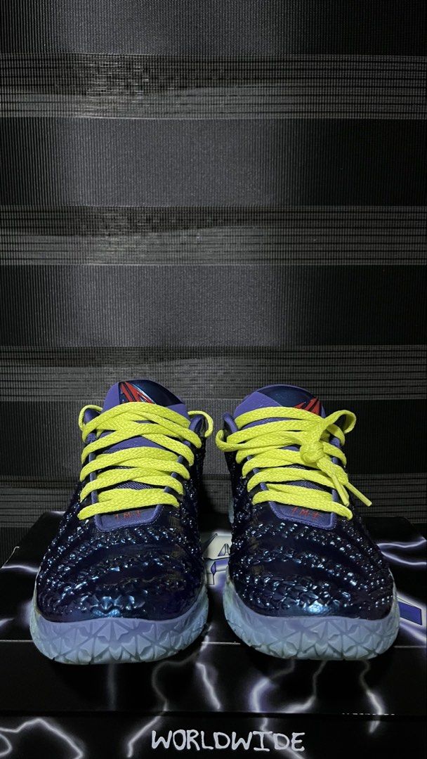 Nike Ja 3 EP "Uncle Phil" (Category: Sneakers) located in Lapu Lapu. Submitted by vincentl. (Listing ID 1469543310, Image 3). Description: - Brand: Nike - Colorway: Purple and blue metallic finish with vibrant yellow laces and red Nike swoosh - Sole: Clear outsole with yellow detailing - Size: US 7.5 / EUR 40.5 - Condition: Clean, ready to wear - Inclusions: Comes with original box featuring lightning graphics and 'WORLDWIDE' branding.