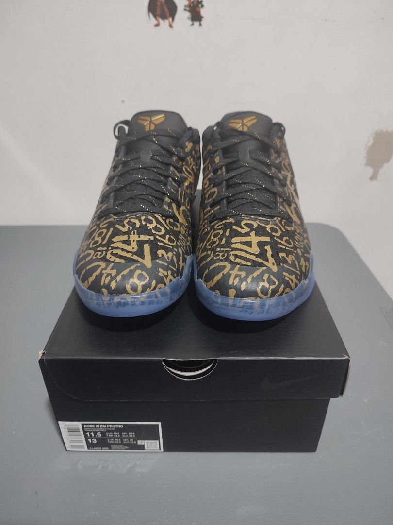 Nike Kobe XI Elite Mamba Day (Category: Sneakers) located in Urdaneta. Submitted by sinichi51 (Listing ID 1469565407, Image 2). Description: - Model: Nike Kobe XI Mamba Day - Colorway: Black and Metallic Gold with signature all-over graphics - Size: Men's US 11.5 - Outsole: Translucent blue rubber - Packaging: Includes original black box ✅ Payment First + Shipping Fee ✅ Accepts cash, Gcash, Maya or bank transfer payments ✅ Text or Call me 0916676