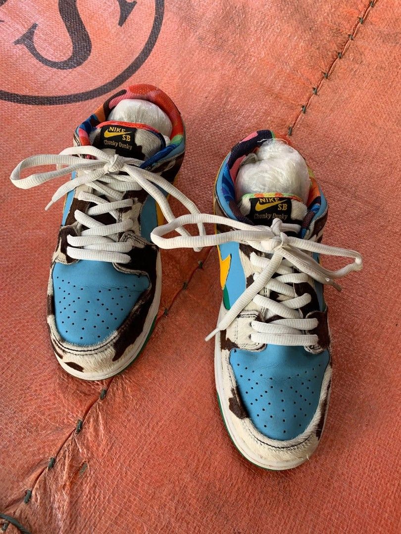Nike SB Dunk Low x Ben & Jerry's "Chunky Dunky (Category: Sneakers) located in Lianga. Submitted by legitseller12345678 (Listing ID 1469435978, Image 3). Description: Nike SB Dunk Low x Ben & Jerry's "Chunky Dunky" (style code CU3244-100), featuring a distinctive hairy cow-print overlay, a drippy yellow Swoosh, and a green rubber outsole📌 Excellent Size 8 Solid Mine 1200.