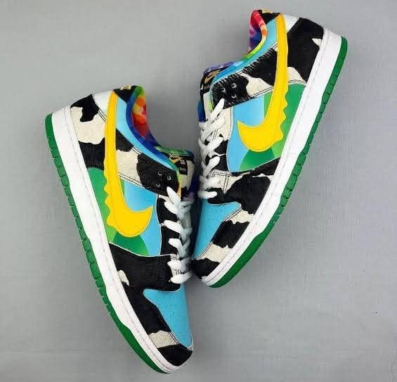 Nike SB Dunk Low x Ben & Jerry's "Chunky Dunky (Category: Sneakers) located in Lianga. Submitted by legitseller12345678 (Listing ID 1469435978, Image 1). Description: Nike SB Dunk Low x Ben & Jerry's "Chunky Dunky" (style code CU3244-100), featuring a distinctive hairy cow-print overlay, a drippy yellow Swoosh, and a green rubber outsole📌 Excellent Size 8 Solid Mine 1200.