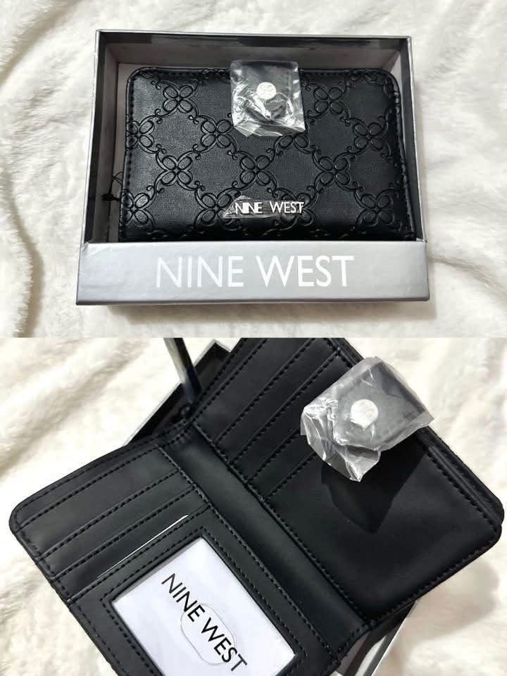 Nine West Black Patterned Wallet in Box (Category: Wallets & Card holders) located in Arayat. Submitted by eyynythingfinds (Listing ID 1469560609, Image 1). Description: - Brand: Nine West - Color: Classic black with a chic embossed pattern - Closure: Snap button (still wrapped in original plastic for protection) - Interior: Multiple card slots, clear ID window, and clean black lining - Packaging: Comes with original branded gift box - Condition: