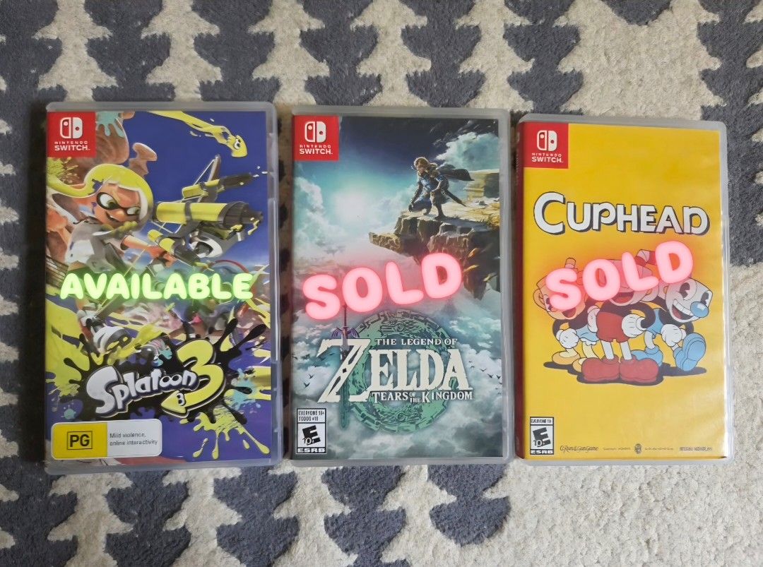 Nintendo Switch Games (Splatoon 3, Zelda:TOTK, Cuphead) (Category: Nintendo) located in Pasig City. Submitted by z.hoomanoid (Listing ID 1467853779, Image 1). Description: Selling the following Nintendo Switch Games: • Splatoon 3 - ₽1,500 • ❌ T̶h̶e̶ ̶L̶e̶g̶e̶n̶d̶ ̶o̶f̶ ̶Z̶e̶l̶d̶a̶:̶ ̶T̶e̶a̶r̶s̶ ̶o̶f̶ ̶t̶h̶e̶ ̶K̶i̶n̶g̶d̶o̶m̶ ̶-̶ ̶₽̶1̶,̶7̶0̶0̶: SOLD❌ • ❌C̶u̶p̶h̶e̶a̶d̶ ̶-̶ ̶₽̶1̶,̶3̶0̶0̶: SOLD️ ❌️ Preferably take all. Fixed price na po🙏🏻 RFS: Need 