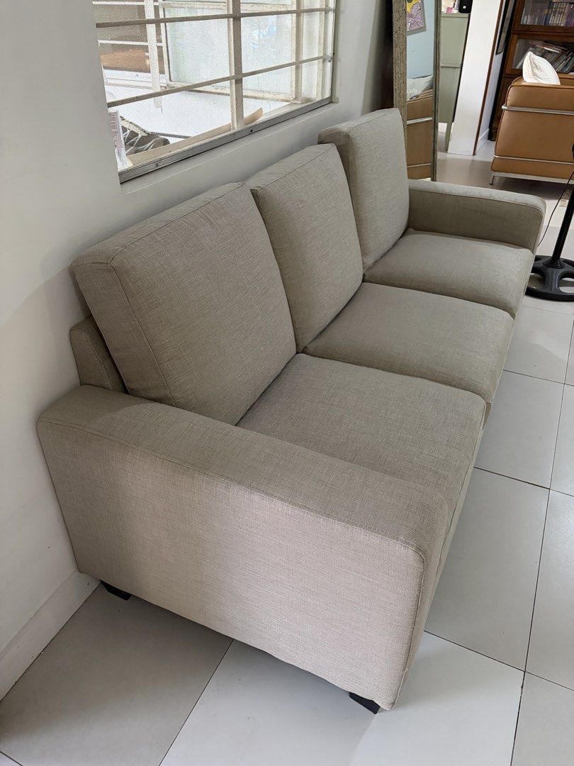 Nitori 3-Seater Fabric Sofa light gray (Category: Sofas) located in Las Pinas. Submitted by cath_mill (Listing ID 1469416542, Image 2). Description: Nitori light gray beige sofa Removable washable covers w zipper Newly purchased but I need a bigger sofa Like new, no sag/ tears/ rips Length 73” W 30.5” Leg drop 17” Ships from Las Pinas Thank you .