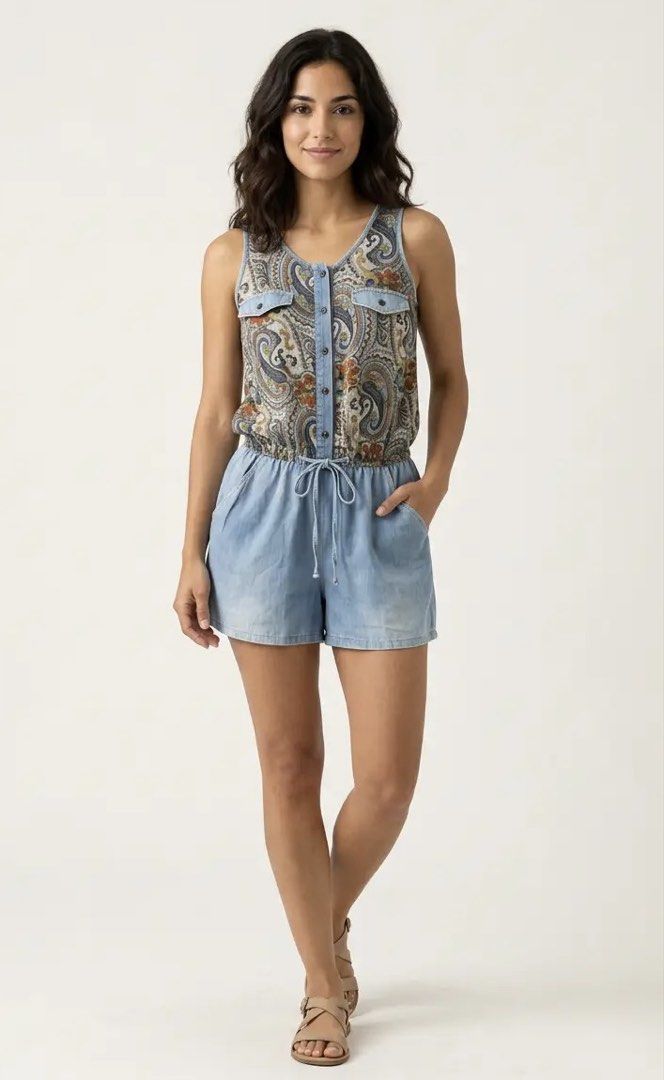 NO BRAND (Category: Rompers) located in Davao. Submitted by sart0ria85 (Listing ID 1469552083, Image 2). Description: Cute sleeveless romper blending a paisley pattern and light wash denim. Adjustable waist. MADE IN KOREA🇰🇷 SMALL. Size 4 VERY GOOD CONDITION (85/100).