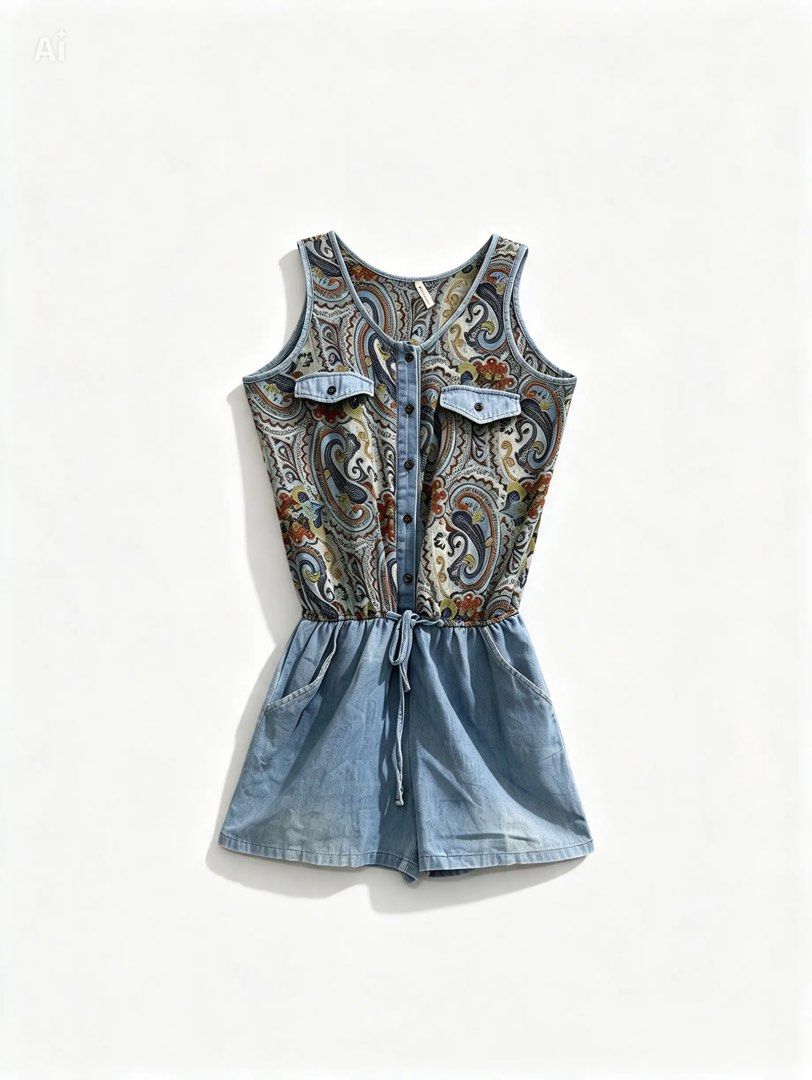NO BRAND (Category: Rompers) located in Davao. Submitted by sart0ria85 (Listing ID 1469552083, Image 1). Description: Cute sleeveless romper blending a paisley pattern and light wash denim. Adjustable waist. MADE IN KOREA🇰🇷 SMALL. Size 4 VERY GOOD CONDITION (85/100).