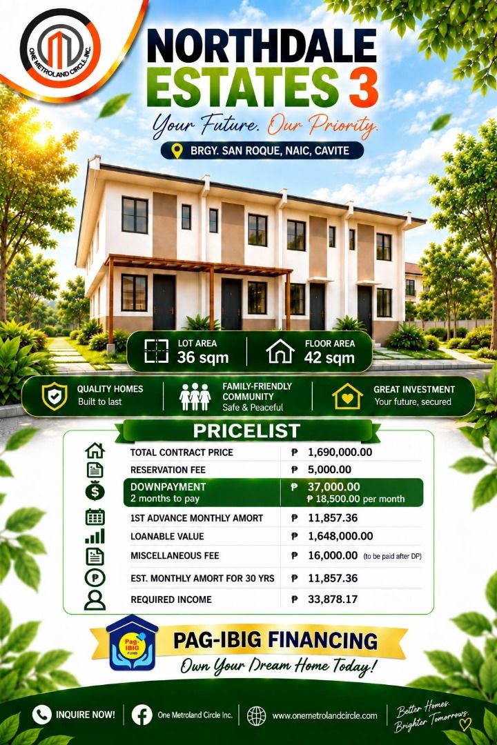 NORTHDALE ESTATES 3 (Category: House & Lot) located in Caloocan City. Submitted by angelbalcos (Listing ID 1469541399, Image 1). Description: ❤️ MORE THAN A HOUSE, IT'S WHERE YOUR FAMILY'S STORY BEGINS. 🏡 Imagine coming home to a place filled with love, comfort, and beautiful memories. At Northdale Estates 3, your family's future starts with a home of your own. 🌿 📍 San Roque, Naic, Cavite 🏠 Quality homes in a family-friendly community 🏦 Pag-