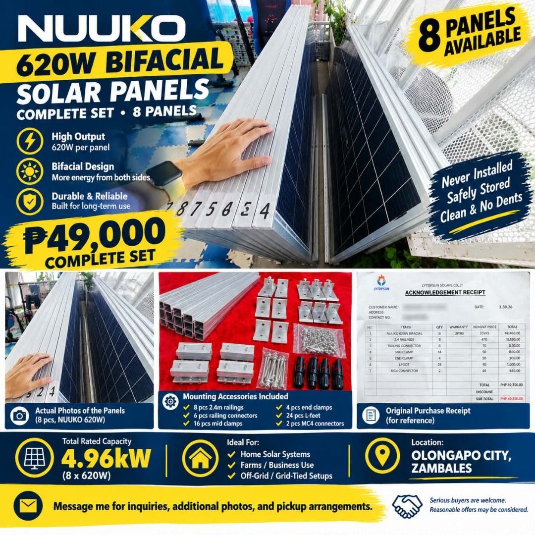 NUUKO 620W Bifacial Solar Panels Complete Set 8 Panels (Category: Construction & Building Materials) located in Manila. Submitted by andre.zamore (Listing ID 1469511002, Image 1). Description: FOR SALE: 8× Nuuko 620W Bifacial Panels + Full Mounting Kit, Never Installed (Olongapo) I bought this string in March for my 10.2kVA Anern inverter and battery setup. After delivery, the building owner withdrew permission to install. So they’ve never been m