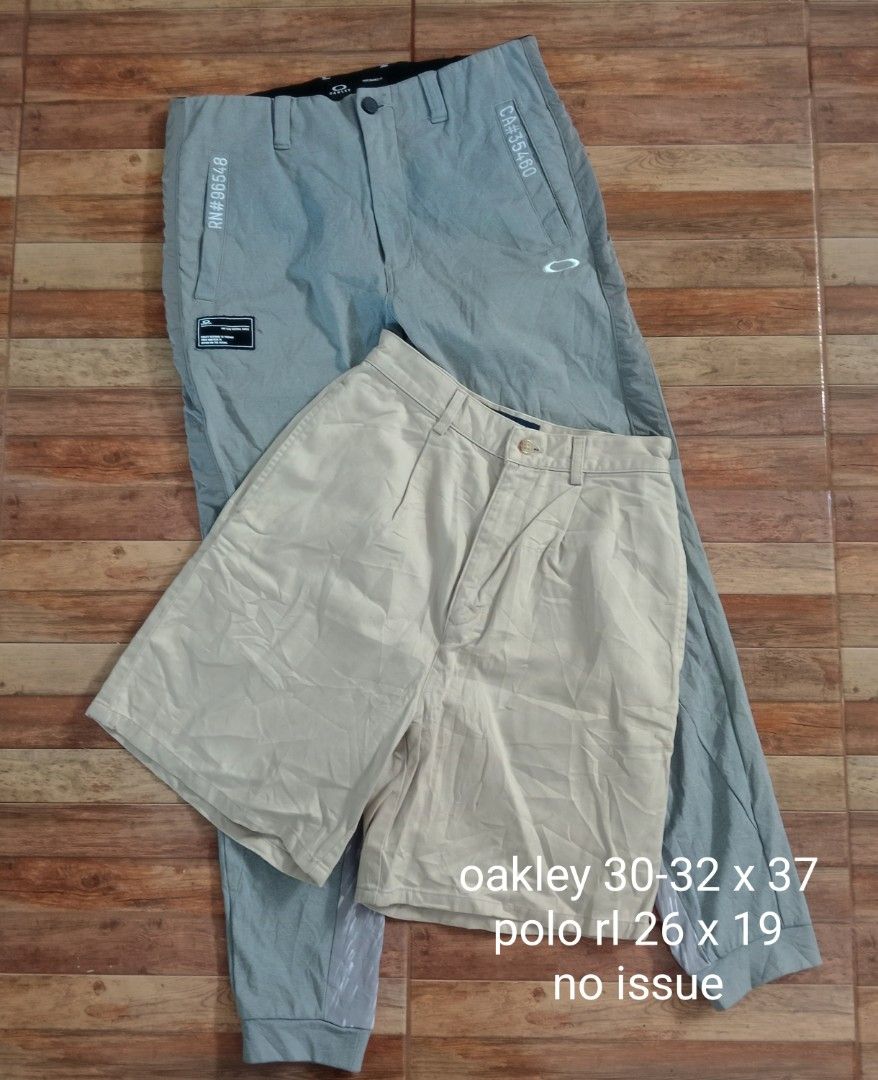 Oakley Pants & Polo RL Shorts Bundle (Category: Shorts) located in Silang. Submitted by densrodrig08604 (Listing ID 1469558118, Image 1). Description: - Bundle includes 2 premium bottoms - Oakley gray tactical pants (Size: 30-32 x 37) - Polo Ralph Lauren pleated beige shorts (Size: 26 x 19) - Condition: Clean, 100% no defects or issues - Ready to wear, great value bundle! - excellent condi -no issue needwash only -payment 1st, gcash -no cod -ship