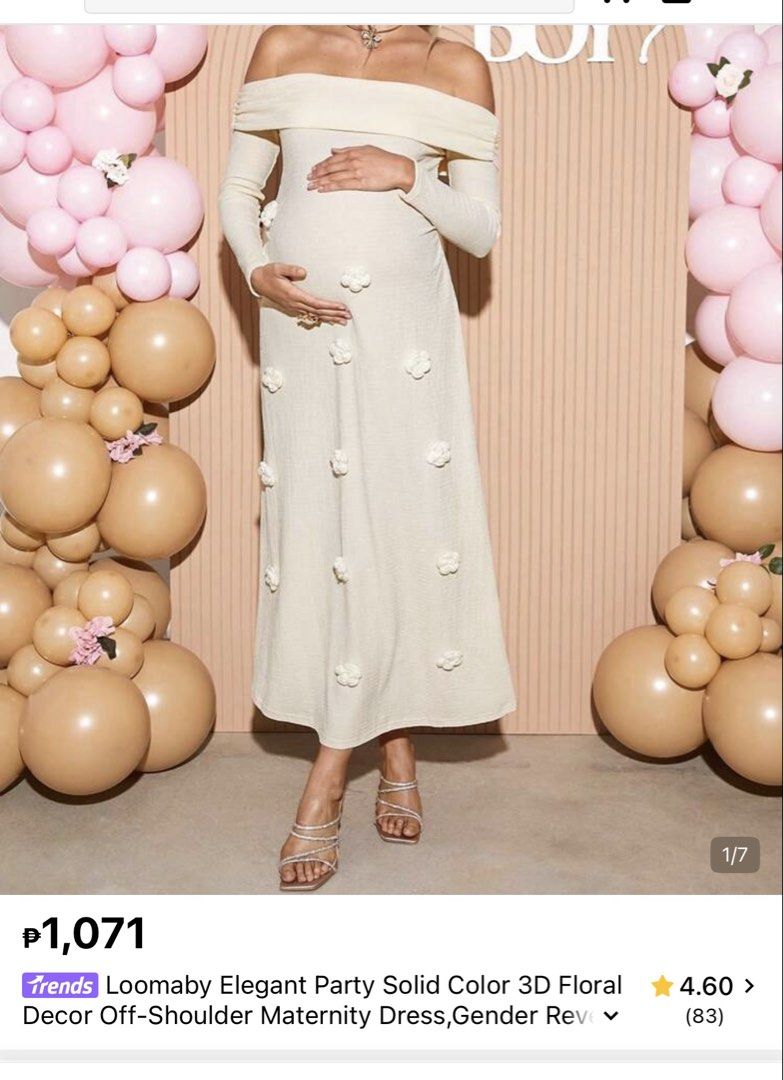 Off-shoulder maternity dress (Category: Dresses) located in Tagaytay City. Submitted by bohodreamer (Listing ID 1469407638, Image 3). Description: - Color: Cream - Style: Off-shoulder, full-length maternity dress with long sleeves - Material: Stretchy textured knit fabric that comfortably hugs the bump - Details: Cute 3D floral appliqués scattered down the front - Condition: Worn once for a beach photoshoot, freshly washed and ready for the next 
